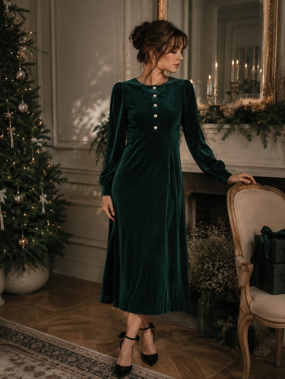 POMANDER Place Women's NWOT Dress Velvet Green‎ LARGE Button Front B1089
